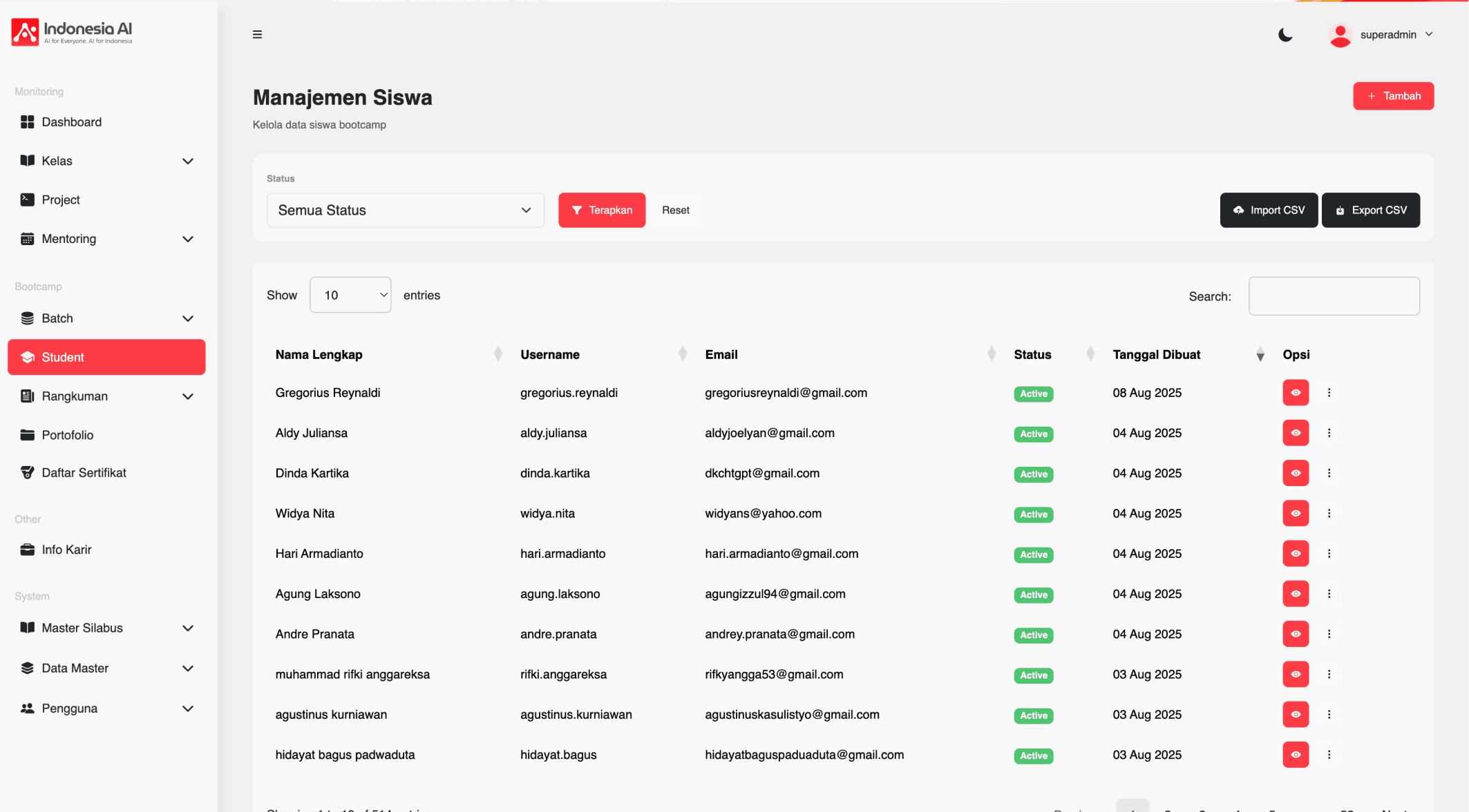 Dashboard Bootcamp Admin - Indonesia AI